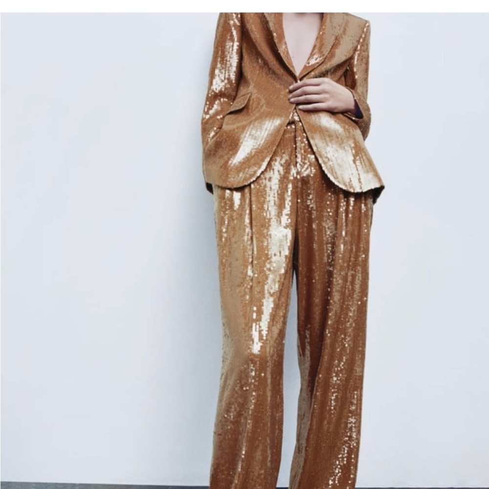 Zara Sequin Evening Pants Beige XS